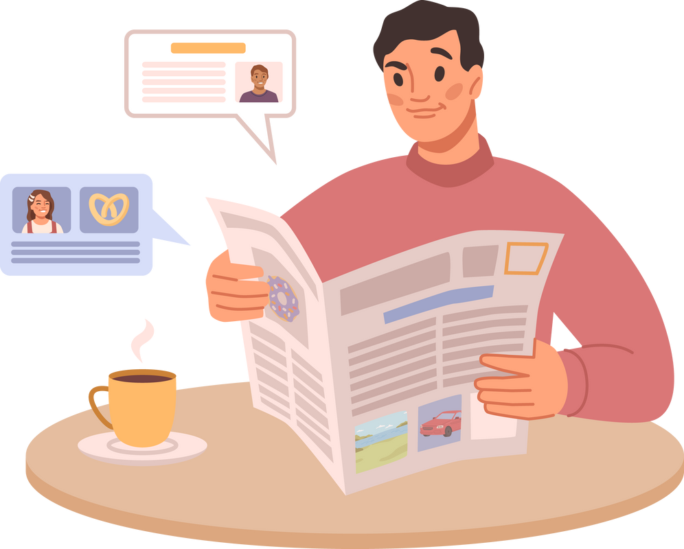 Man reading morning newspaper, media information